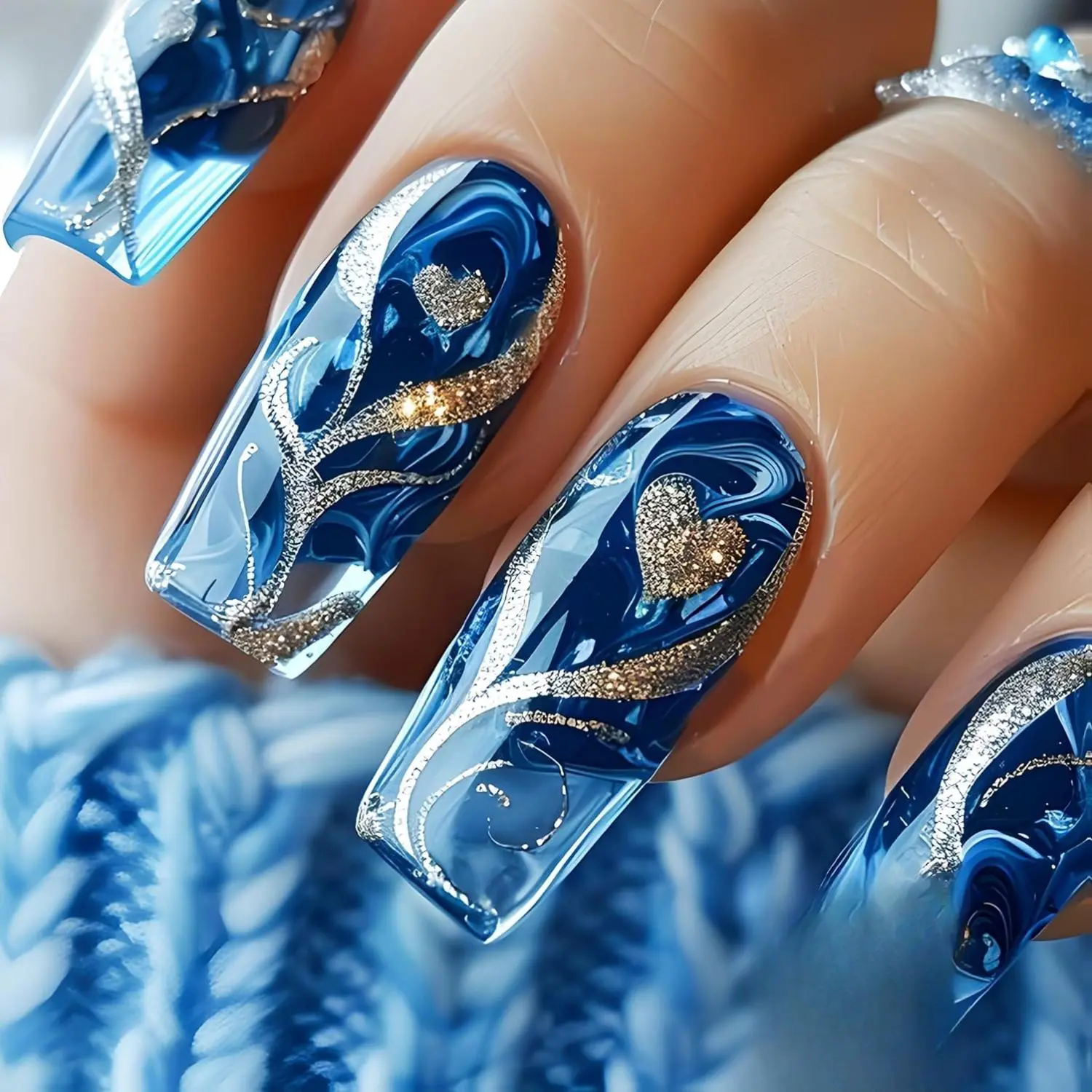 24Pcs Gold Curve Line Press on Nails Medium Square Fake Nails Glossy Blue Gradient False Nails Sea Love Heart Acrylic Nails Sparkly Ombre Line Glue on Fingernails for Coquette Women Holiday Nail Art