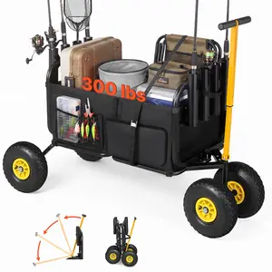 【FathersDayGift】VEVOR Beach Fishing Cart, 300 lbs Load Capacity, Foldable Fishing Cart with Heavy-Duty Carbon Steel Frame, 11-Inch All-Terrain Tires, 8 Rod Holders, Strap, Easy to Clean, for Outdoor Camping Picnic