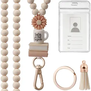 Teacher Lanyard with ID Holder, Badge Holder, Fashion Wood Beaded Design, Perfect for Keys & Accessories, Super Cute Boho Style for Women, ID Card Holder