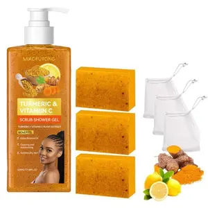 Turmeric Vitamin C Scrub Shower Gel  & Lemon Turmeric Soap Set for Soft Radiant Skin with Natural Ingredients for Moisturizing and Hydrating