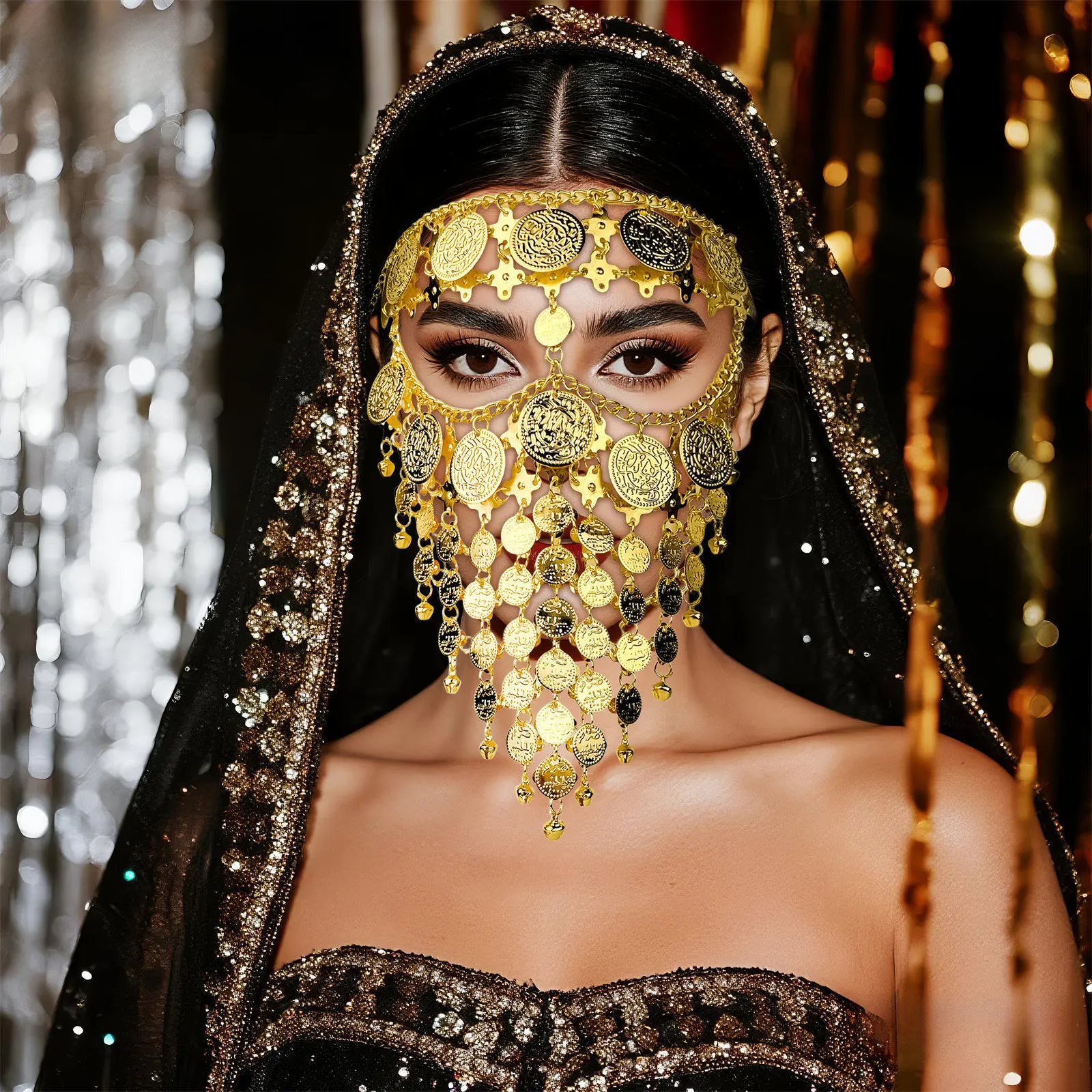 OIDEA Bohemian Coin Tassel Face Veil - Retro Vintage Gold-Tone Alloy Mask, Lightweight Adjustable Adult Halloween Costume Accessory, Party Event Prop for Belly Dancers