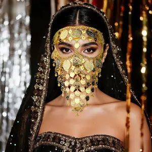 Bohemian Coin Tassel Mask - Vintage Gold Tone Alloy Face Veil for Belly Dance Arabian Nights Halloween Costume