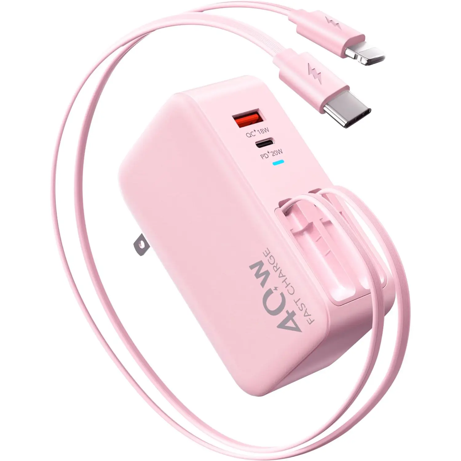 4-in-1 Portable Retractable Wall Charger Plug - 40W Fast Charging Folding Durable Polymer Shell Block, Dual USB Ports, 90cm Lightning & Type-C Cables, Compatible with Smartphone, Cellphone, Electronic Device, iPad, iPhone 16/15, AirPods, Galaxy, Pixel