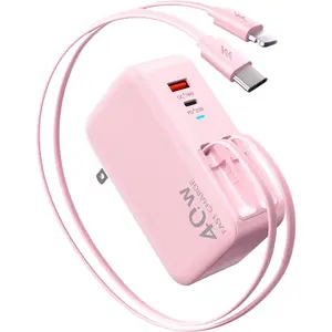 4-in-1 Retractable Wall Charger with Dual USB Ports and 90cm Lightening and Type-C Cables, 40W Fast Charging Foldable Block Compatible with ipad,iPhone 16/15, airpods,Galaxy, Pixel, and More