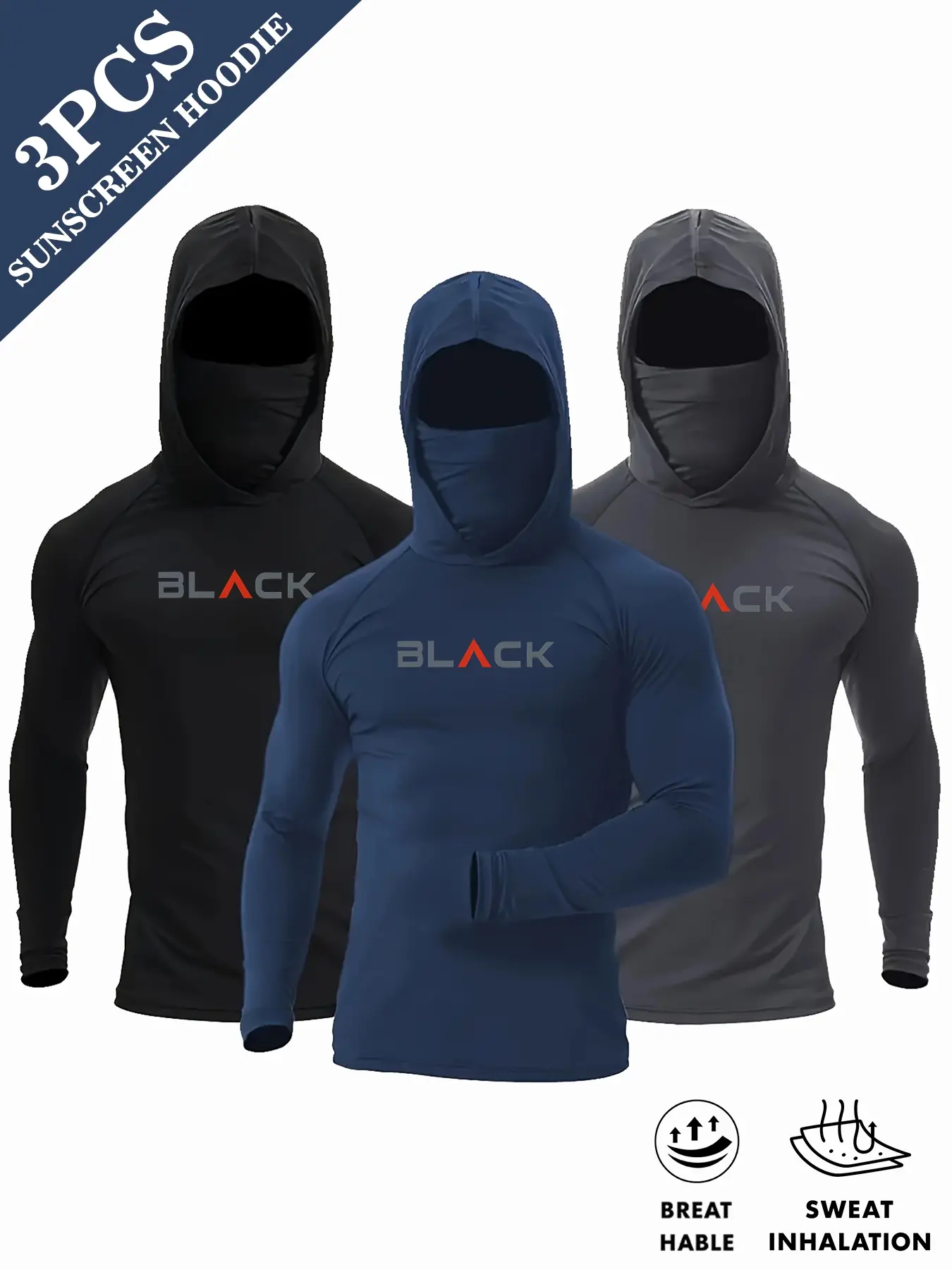 Set of 3 men's quick-drying windproof hooded long-sleeve sports tops, Athletic Hoodies, Athletic Compression Shirts, suitable for outdoor activities, running, and fitness compression sportswear, Workout Activewear, Activewear Clothing, Activewear Clothes