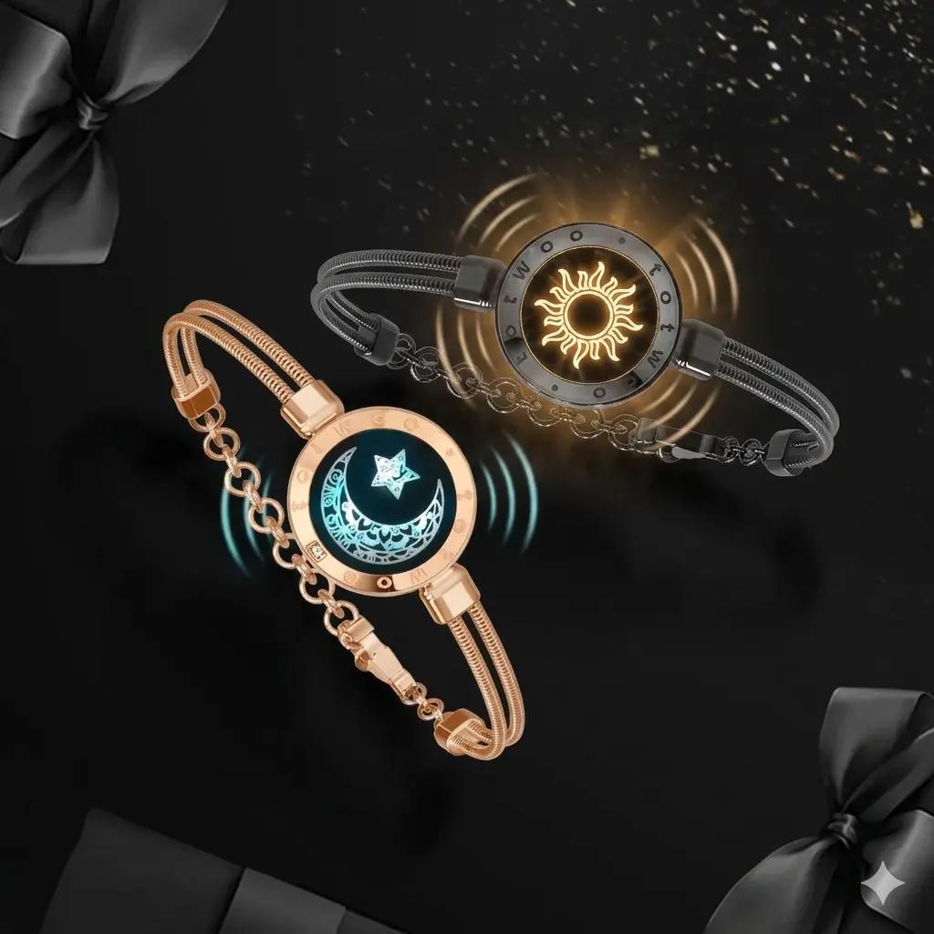 TOTWOO Sun & Moon Touch Bracelets, Matching Long Distance Bracelets for Couples, Best Friends & Family, Black Gold Snake Chain Bracelets, Light Up Connection Jewelry, Meaningful Birthday, Anniversary & Friendship Gifts
