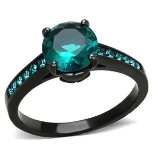 212 MAIN Women's IP Black Stainless/Steel Female Ring, Round Blue Synthetic Gem Zircon, Size 8