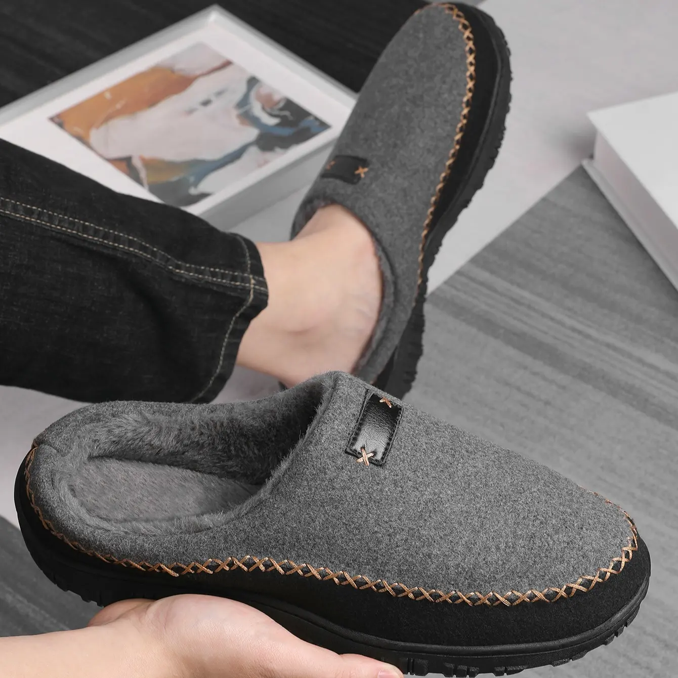 Men's Soft Knit Moccasin Slippers - Footwear with Warm Sherpa Lining, Memory Foam Cushion, Anti-Slip Sole, Machine Washable Walking Shoes for Indoor-Outdoor Wear