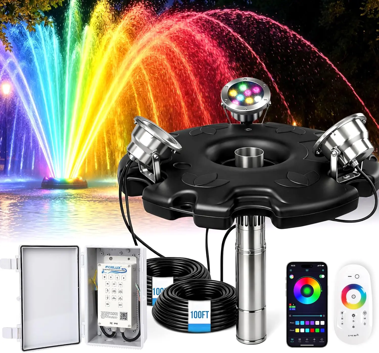 Foxlux 2HP Pond Fountain Aerator with 3 RGB LED Lights, 120V 30000 GPH Floating Water Pump, Automatic Aerating Pump for Large Ponds, Lakes, and Outdoor Water Features, with Controller, APP & Remote Control