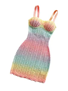 Women's One-Piece Knit Fashion Dress, Summer Beach Dress with Beaded Chest, Colorblock Design, Sexy Short Dress for Vacation