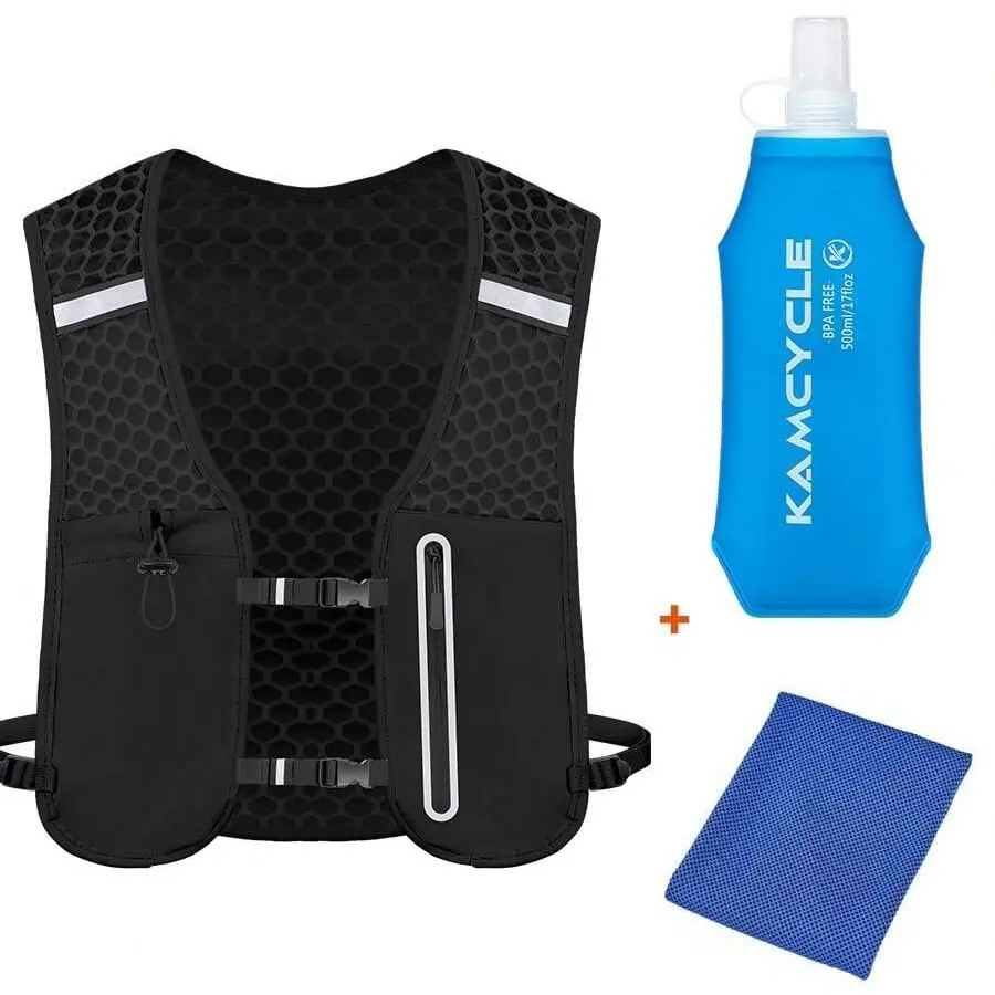 Running Vest with 500ML Soft Flask and cooling towel for Women Men,Lightweight Reflective Hydration Vest Pack , Breathable Functional Running Vest, Camel Hydration Backpack Water Backpack for Trail Running, Cycling, Hiking & Marathons