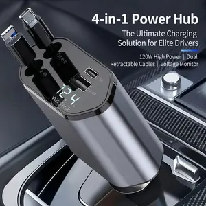 Retractable Car Charger, 4 in 1 Fast Charging Car Charger USB-C & USB-A with 2.6ft Cable for iPhone 15 14 13 12 Pro Max Galaxy S23 80cm Retractable Cable 180-degree Angle Adjustment