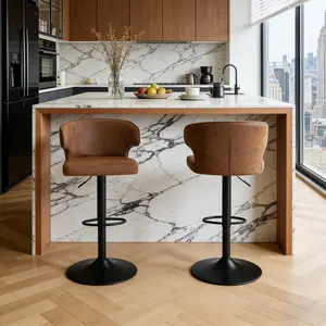 Swivel Bar Stools Set of 2 Adjustable Counter Height Bar Stools with Arms and Footrest, Suede Swivel Barstool with Metal Base, Modern Stool Chairs for Dining Kitchen Island Cafe Pub, Black+Brown