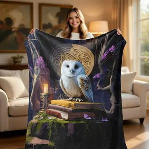 Mysterious Owl Animal Artwork Book Candle Magic Flannel Blanket - Soft, Warm Digitally Printed Fleece Throw for Sofas, Beds, Travel (Textiles & Soft Furnishings Bedding Linens), Animal Artwork Blankets