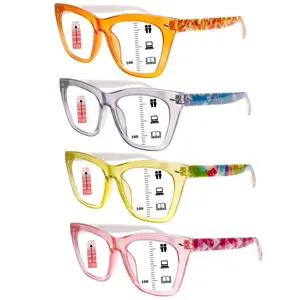 4 Pack Oprah Style Progressive Multifocus Reading Glasses Blue Light Blocking Square Fashion Readers with Spring Hinge Computer Eyeglasses Women Daily