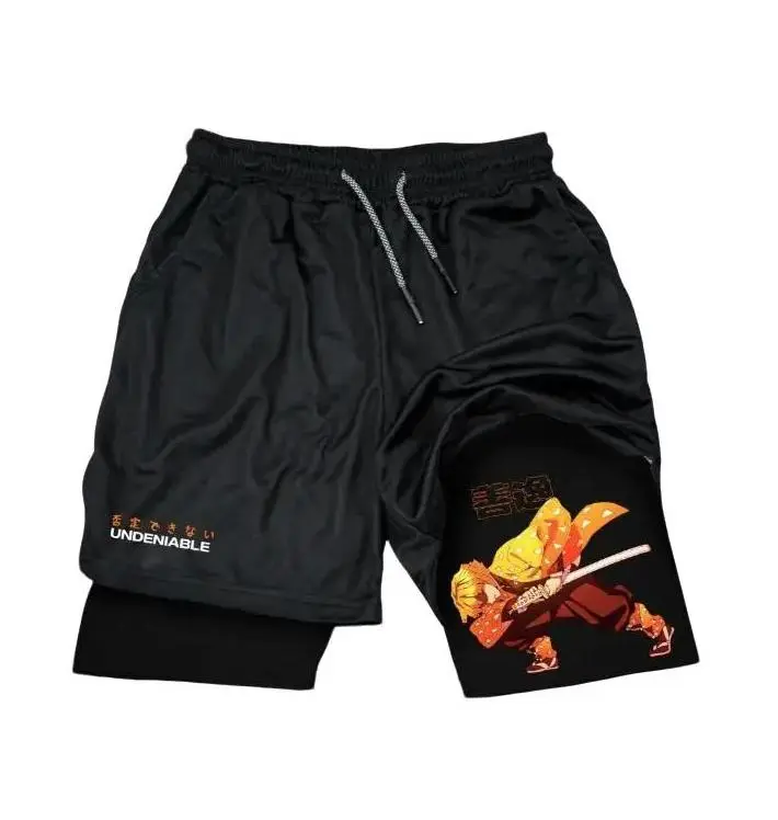 Women's Black Faux 2-Layer Protective Shorts - Streetwear Japanese Samurai Print, Loose Breathable Casual Athletic Bottoms for Everyday Streetwear Outfits