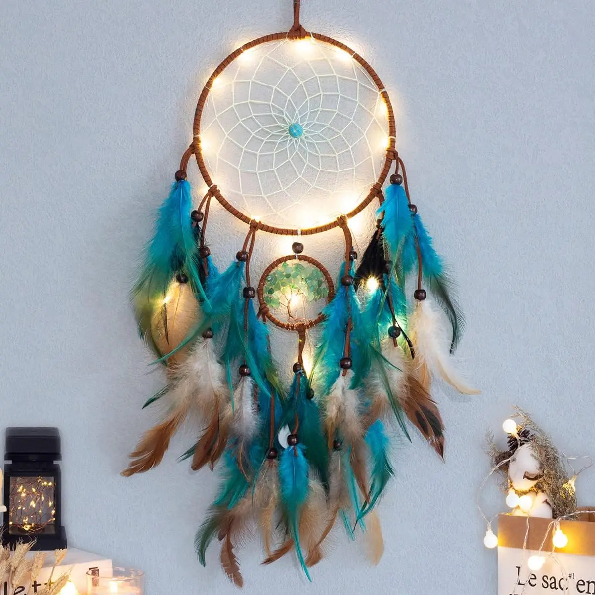 Handmade Blue Tree of Life Dream Catcher with Feathers, LED Fairy Light Mobile, Metal Circular Net Hangable Room Accessory for Wall Hanging, Bedroom Decor, Wedding Gift