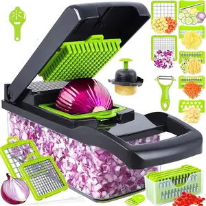 Vegetable Chopper & Mandoline Slicer 16 in 1 CarboSpin Multi-Function Kitchen Cutter for Slicing Onion Dicing Chopping Grating and Julienne BPA-Free Easy to Clean Stainless Steel Blades Set Utensils Cheese Garlic