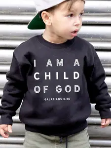 Boys' Cotton Comfy Sweatshirt - Spring & Autumn Round Neck Long-Sleeved Loose Graphic Casual Hoodie with "I AM A CHILD OF GOD" Letter Print, Medium-Stretch Kids' Top