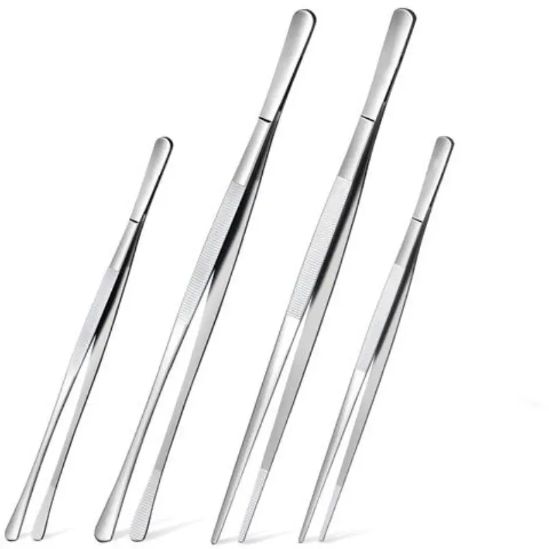 4 Pcs Fine Long Tweezer Tongs, Professional Silver Color, 12'' and 10'' Stainless Steel, Kitchen, Food, Cooking, Repairing, Seafood, BBQ, Bbq Tools, Barbecue Utensils