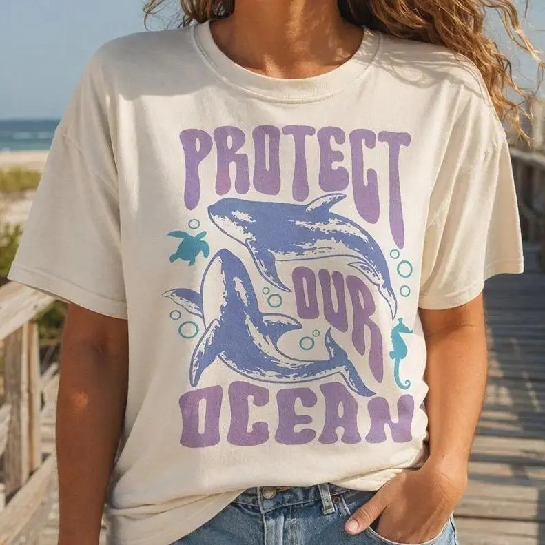 Protect Our Ocean Graphic Tee Retro Orca Shirt Marine Life T Shirt Beach Vacation Inspired Casual Cotton Short Sleeve Unisex Streetwear Fashion Top Ocean Lover Gift Everyday Wear Apparel
