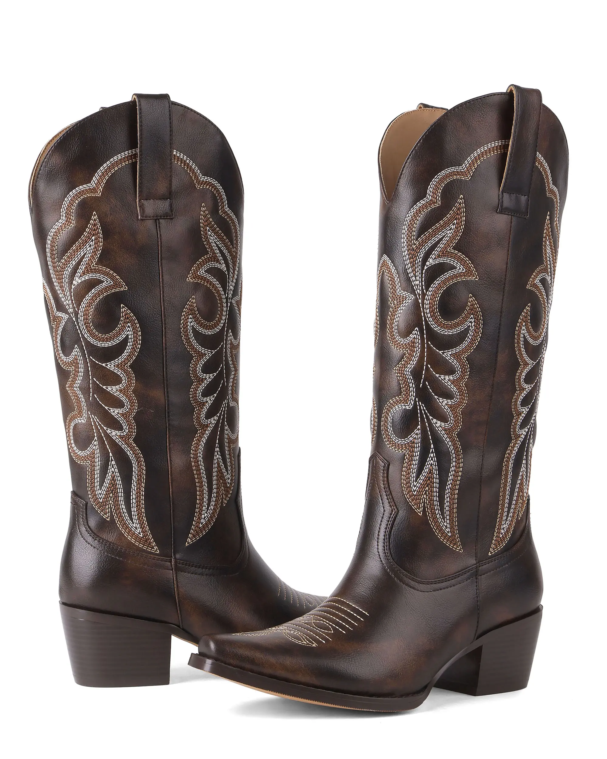 Western Cowboy Boots Pointed Closed Toe Knee High Wide Calf Embroidered Boot Pull On Chunky High Heels Shoes Party Daily size plus booties  Vintage Cowgirl Aesthetic Ideal for Country Concerts Festivals Footwear cowgirl boots boots for women