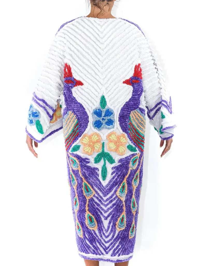 MORPHEW COLLECTION Purple & White Cotton Hand Embroidered Chenille Peacock Beach Coat