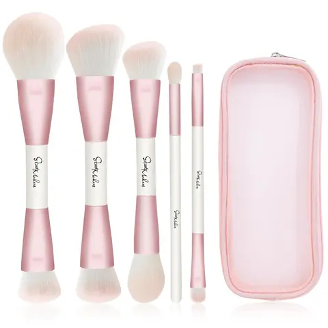 DUAIU Dual-Ended Makeup Brush Set 5pcs - Ultra-Soft Pink Complexion Brush Set for Foundation, Concealer, Blush, Contour, Powder & Eyeshadow with Travel Bag, Portable Blend Brushes for Face & Eyes