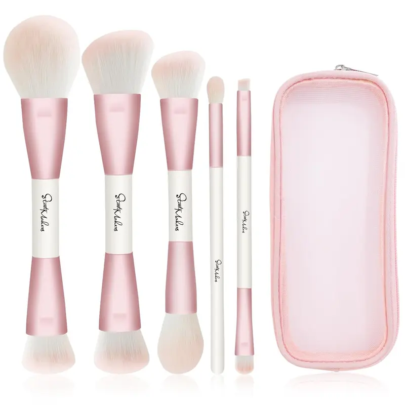 DUAIU Dual-Ended Makeup Brush Set 5pcs - Ultra-Soft Pink Complexion Brush Set for Foundation, Concealer, Blush, Contour, Powder & Eyeshadow with Travel Bag, Portable Blend Brushes for Face & Eyes