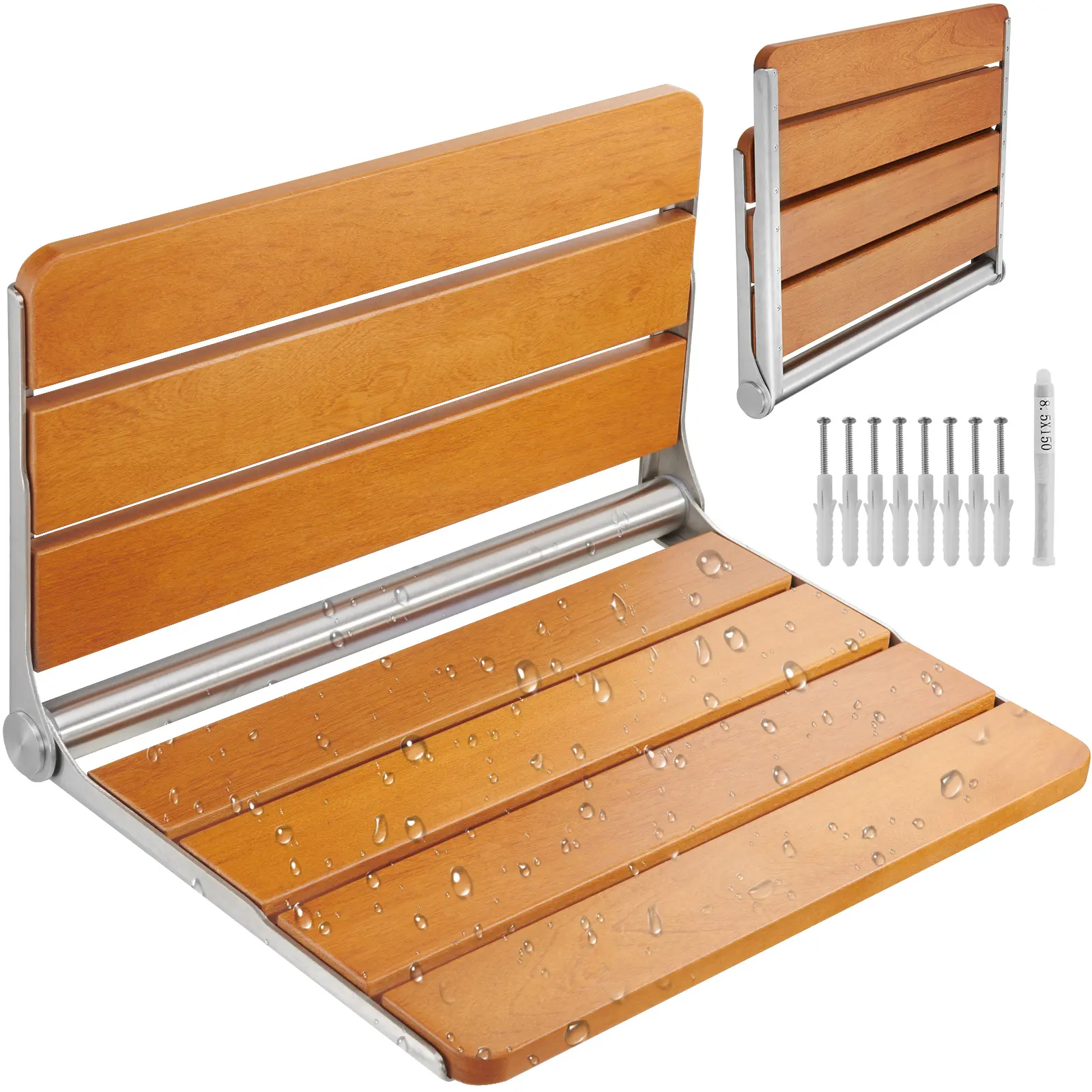 【Summerfinds】VEVOR Folding Teak Shower Seat 20.9 x 16'' UnfoldedWall Mounted Fold Up Shower Bench with 500 lbs Load CapacitySpace Saving Home Care Fold Down Shower Chairfor Seniors Pregnant Smooth Stainless
