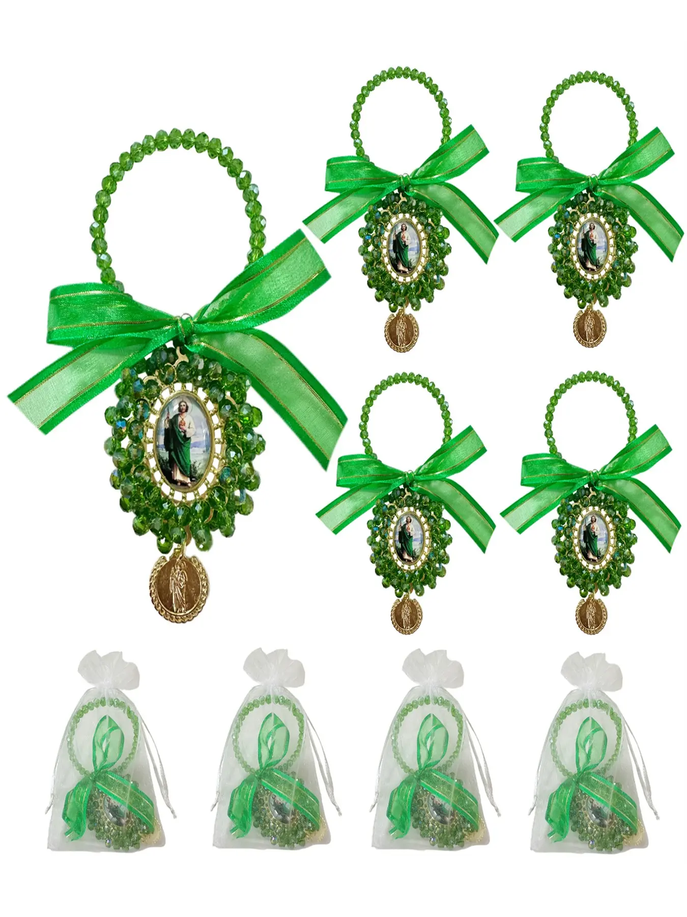4pcs Organza Bags with Saint Jude Virgin Mary Medals, Rosary Catholic Religious Gifts, Car Hanging Charms and Home Door Hanger Decor, Home Hanging Decoration, Door Decorations