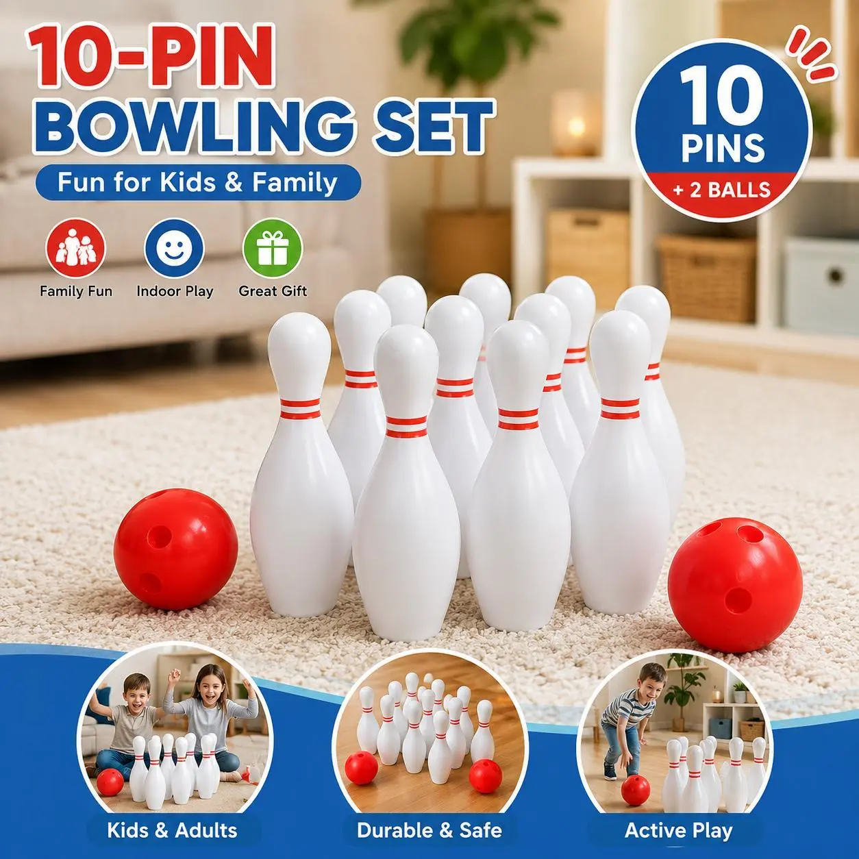 10-Pin Kids Bowling Set with 2 Balls, Indoor Bowling Toy Game for Children and Family, Active Play Gift for Boys and Girls