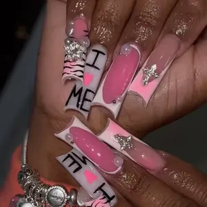 24pcs Y2K Block Nail Art Set, Includes Jelly Glue & File, Super Long Square Nails, Perfect for Festivals, Daily Wear, School, Office, Party