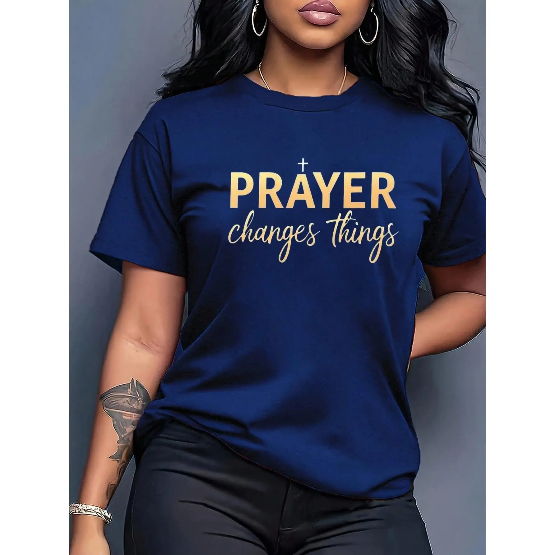 Women's Red & Gold Plus Size Knitted Round Neck Shortsleeve T-Shirt, Summer Casual Streetwear City Break Top, Inspirational God Gospel Bible Verse Print Lady Fabric Sports Top