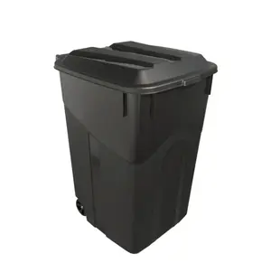 45 Gallon Wheeled Heavy Duty Plastic Garbage Can with Attached Lid Black for Outdoor Use