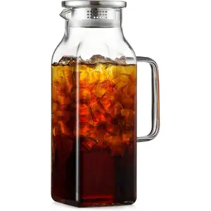 2 Quart (2 Liter 68 oz) Square Glass Pitcher with Lid and Spout, Water Pitchers with Handle for Fridge, Borosilicate Glass Carafe for Hot/Cold Drink, Large Jug for Iced Tea, Coffee,Juice,Milk,Beverage