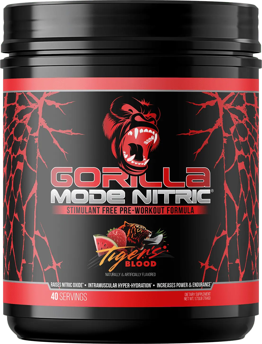 Gorilla Mode Nitric Upgraded Stimulant Free Pre-Workout Powder, Tigers Blood, 1.73 lbs