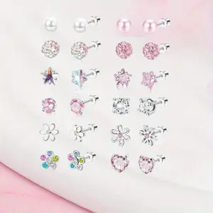 12 Pairs Hypoallergenic Screw Back Earrings for Women Girls Surgical Steel Cute Heart CZ Flower Pearl Ball Tiny Screwback Stud Earring