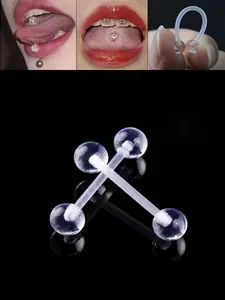 2pcs Acrylic Transparent Invisible Tongue Nail Soft Rod Ball, Classic Human Piercing Jewelry, Suitable for Daily Wear, Bernay Tongue Ring