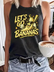 Women's Round Neck Sleeveless Vest, Let's Go Bananas Baseball Banana Print, Fun Sports Slogan Top, Soft Casual Women's Clothing, Style, Womenswear