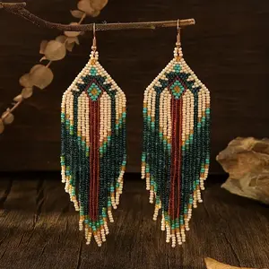 1 pair of Bohemian vintage gradient beaded tassel earrings - handmade glass bead design, elegant and versatile, suitable for everyday wear or as a gift, unique earrings.
