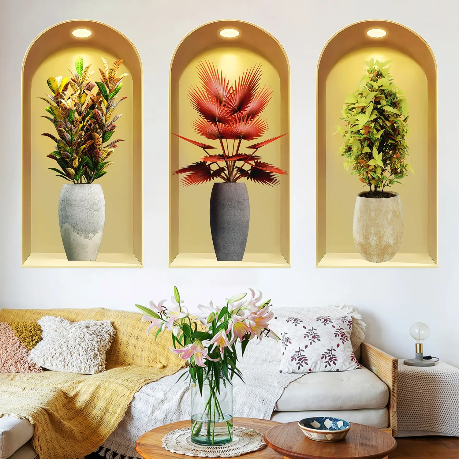 3-piece set, Nordic green plant themed simulated arched window flower basin wall sticker, self-adhesive removable sticker, suitable for wall decoration in living rooms, dining rooms, and study rooms, Wall Art Stickers, Home decor