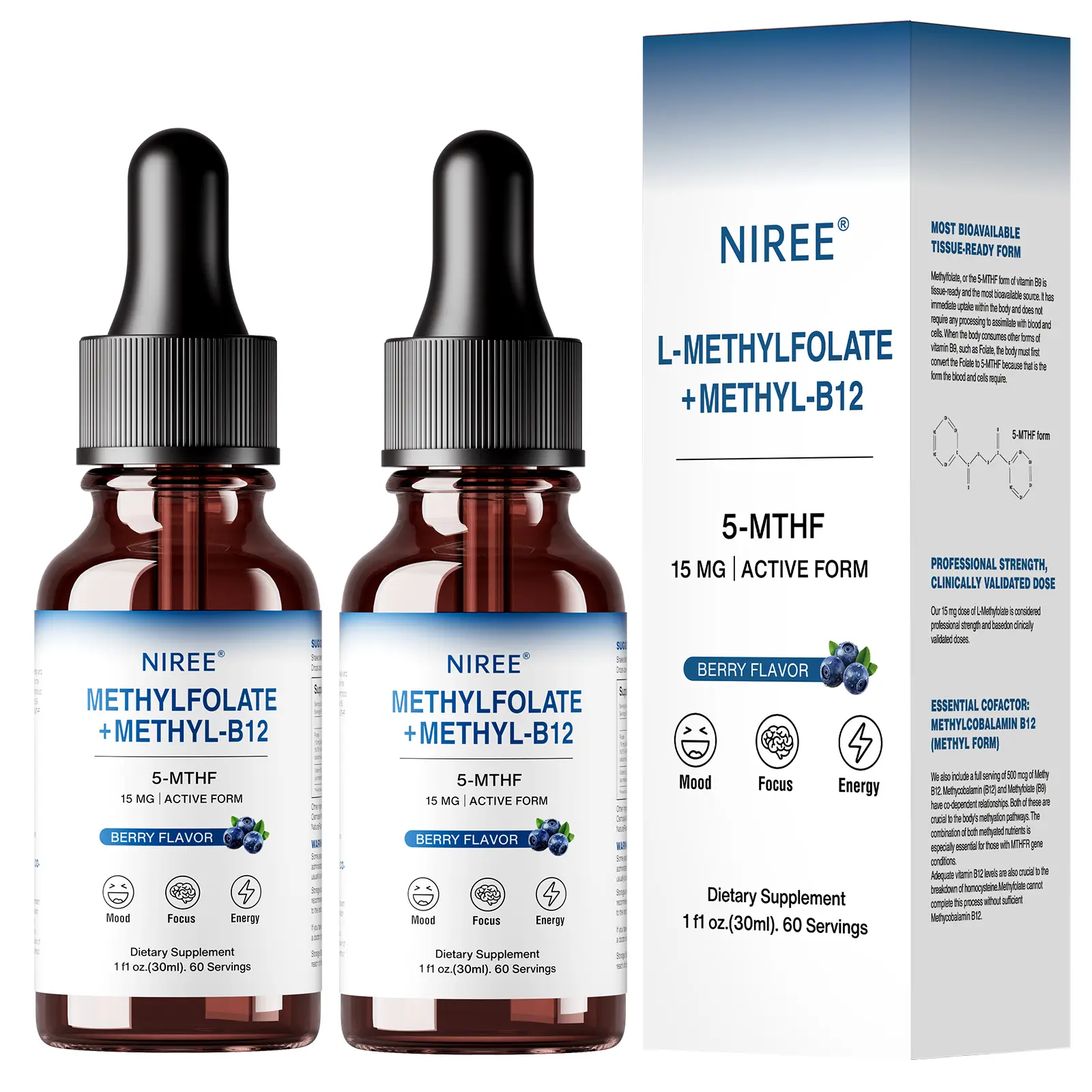 NIREE L-Methyl Folate 15mg + Methylcobalamin B12 Pro Strength Liquid 5-MTHF Supplement, Healthy Natural Support for Brain Health, Cognition, Energy Levels, Mood & Methylation