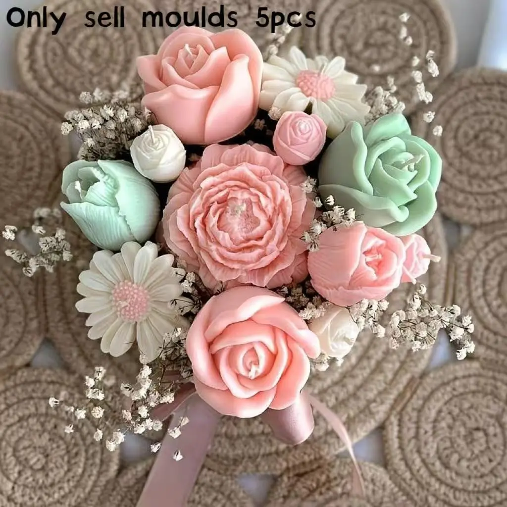 Set of Five Silicone Molds with Peony Sunflower Lily Rose Bud Patterns, Perfect for Candle Making Supplies, Soapmaking, Christmas Halloween Easter Gifts, Soap Floral Decor