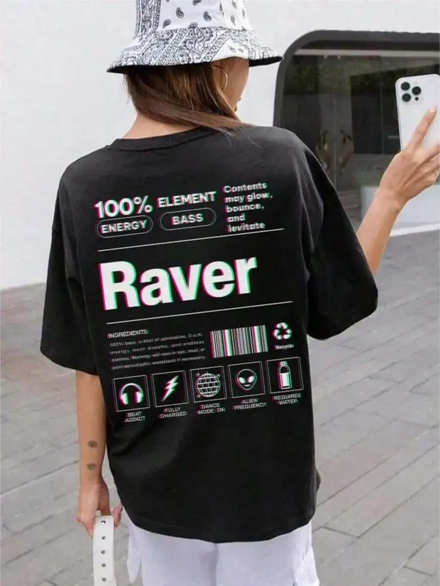Funny Raver EDM Neon Party Music Festival Graphic Tee, Oversized Women's Glitch, Rave Summer Top For Women