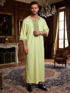 Muslim Traditional Arabic Robe Moroccan Style Men's V Neck Embroidered Long Robe For Men, Fashionable Muslim Clothing, Eid Festival, Modesty Thobe, Islamic Robe
