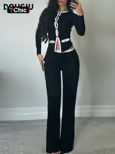 DOUCIU Autumn French Intellectual Elegance Commuting Casual Versatile Simple Women's Thin Contrast Color Button Cardigan Long-Sleeved Top & Trousers Two-Piece Set, Lady, Pants Suit