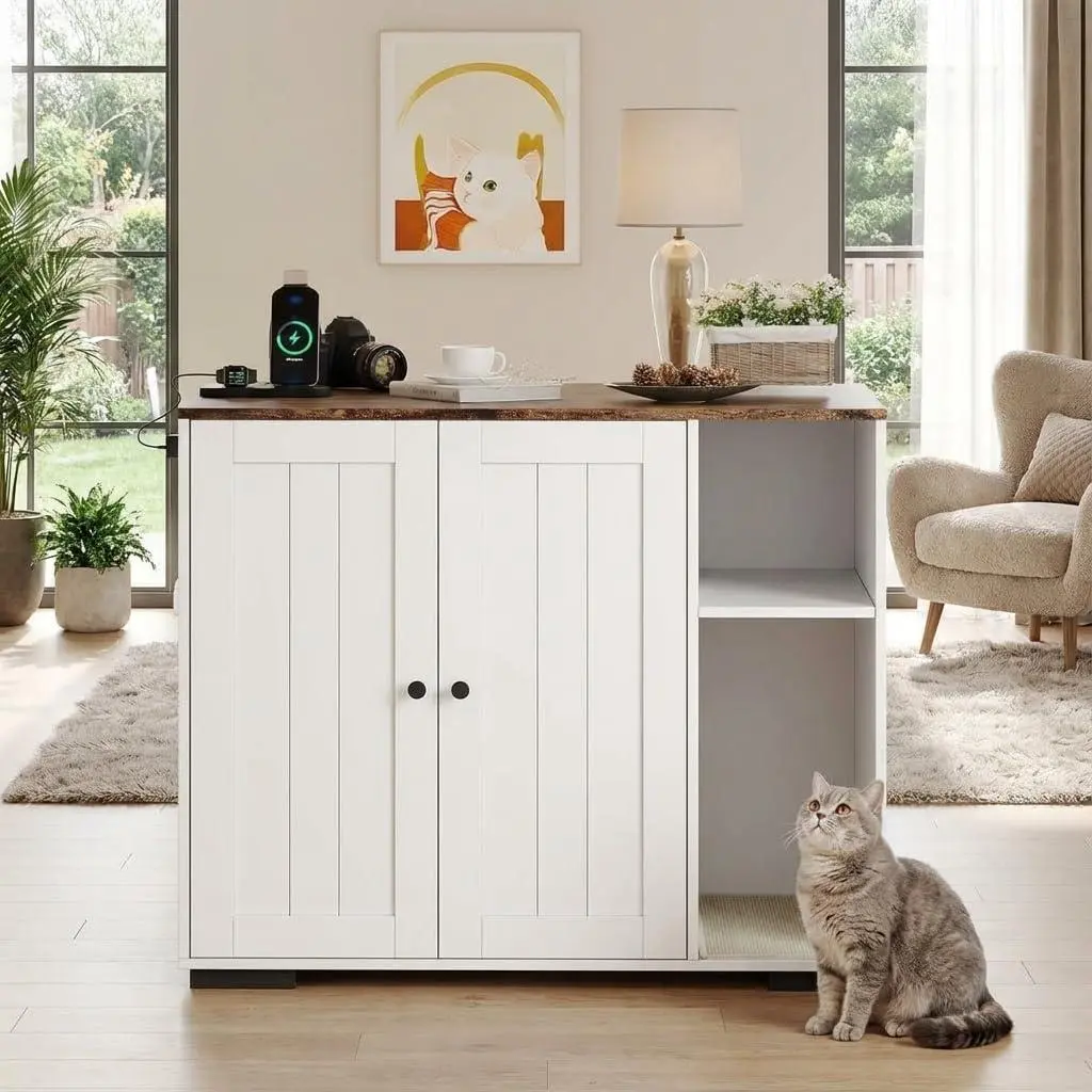 Large Litter Box Robot Enclosure Cabinet for Cats, Dog-Proof Litter Furniture with Protective Shelf and Built-in Power Outlet, Fits Most Self-Cleaning Litter Boxes, White