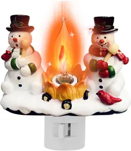 snowman bonfire night light,Christmas gifts,  4-inch resin rotating plug Christmas night light with flame flickering effect, suitable for children's rooms, corridors, living rooms, staircase decoration, gifts, small presents