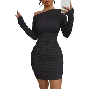 Fall Off The Shoulder Dresses for Women 2026 Long Sleeve Ruched Bodycon Cocktail Party Mini Dress(Size Down)